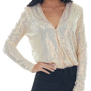 Champagne sequined bodysuit with shoulder pads